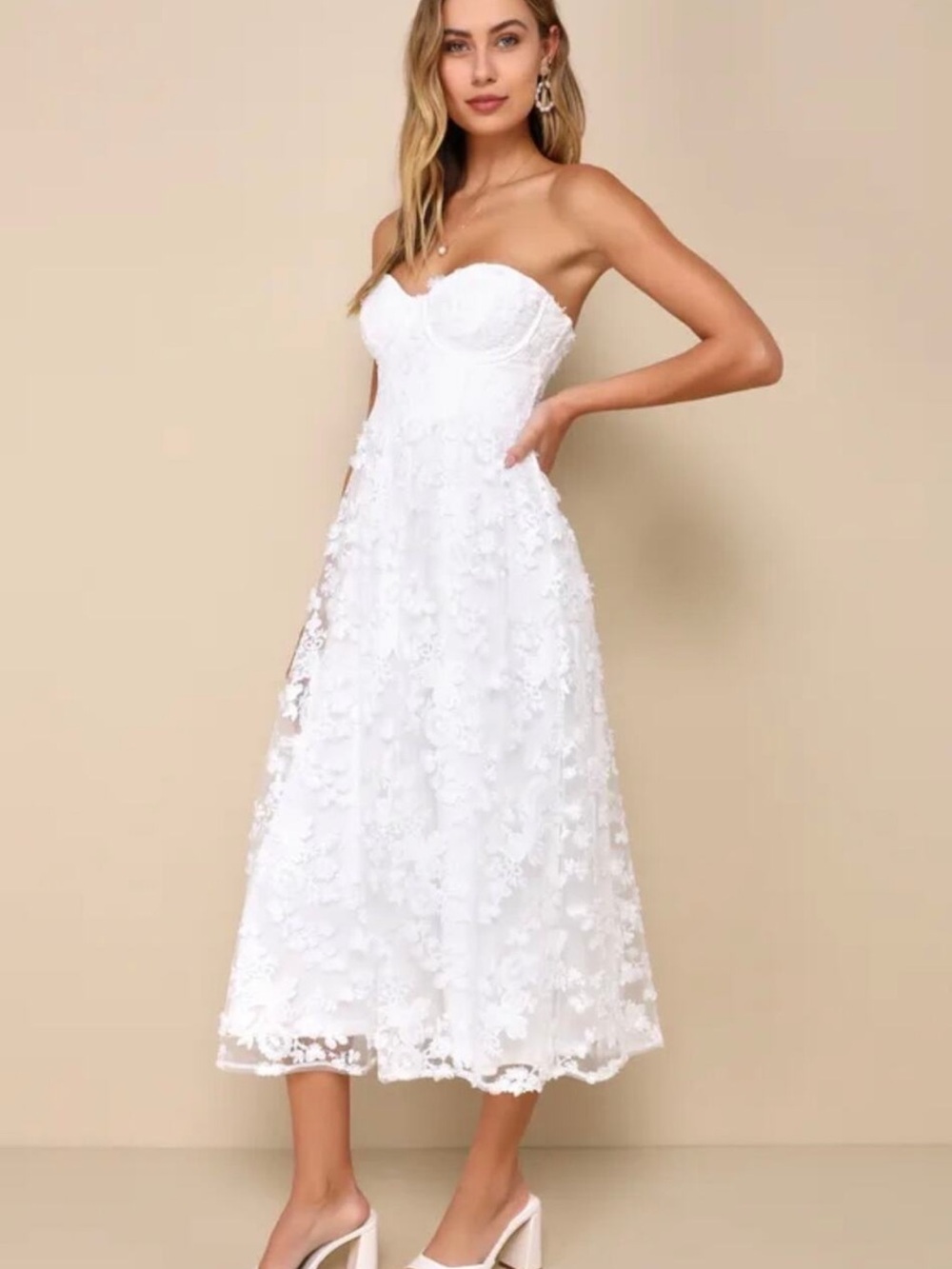 Lulus Quite Perfect White Floral Embroidered Strapless Midi Dress XL